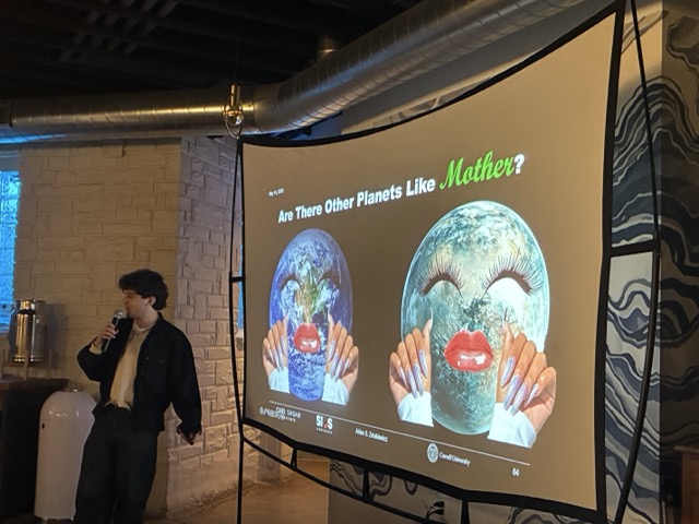 Aiden giving a talk at Astronomy on Tap Madison